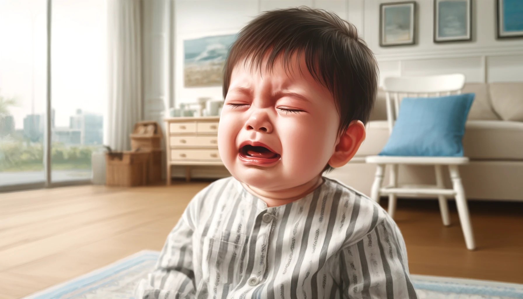 泣いている1歳くらいの男の子