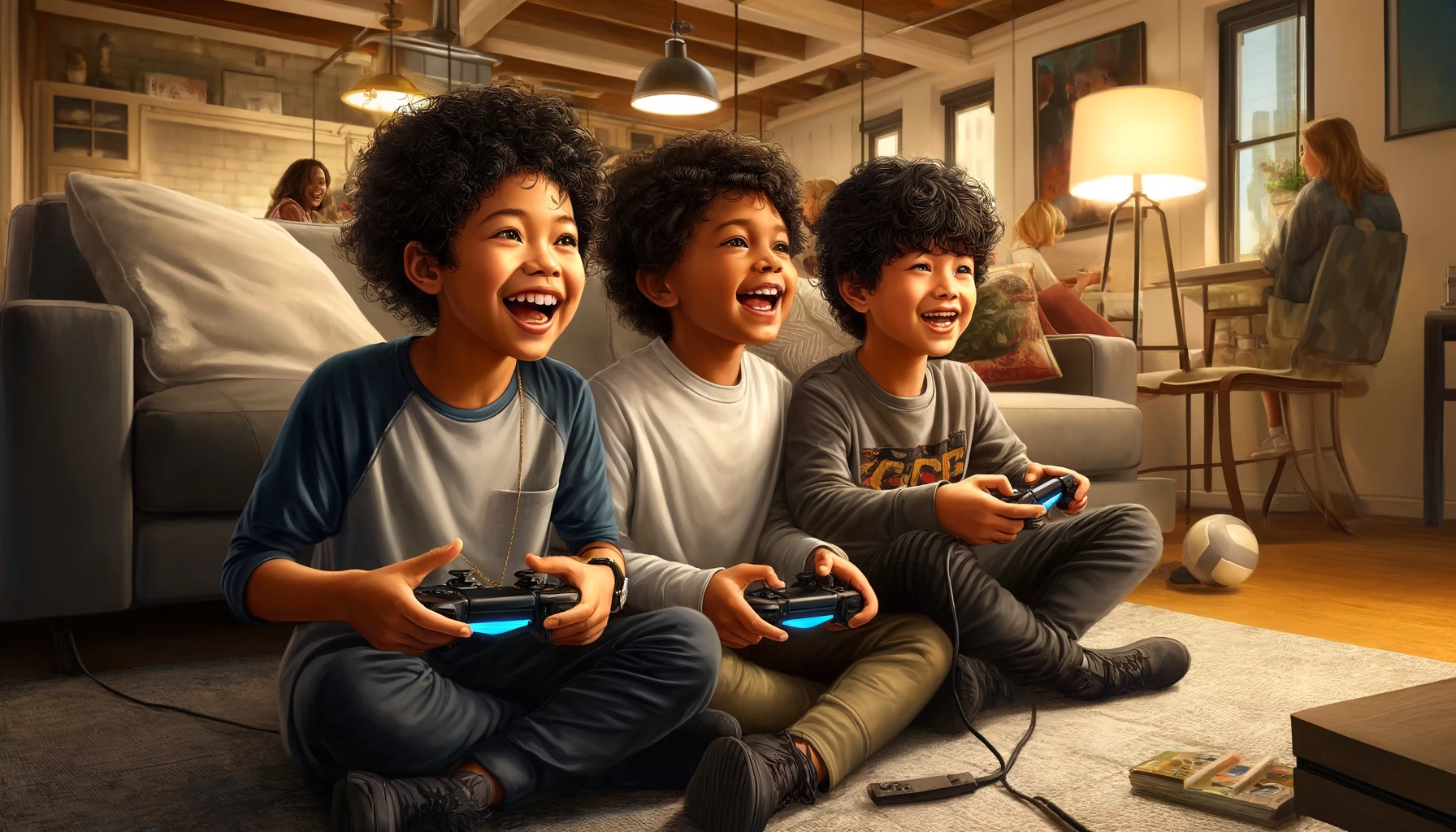 子供たちが家の中で仲良くテレビゲームをする様子